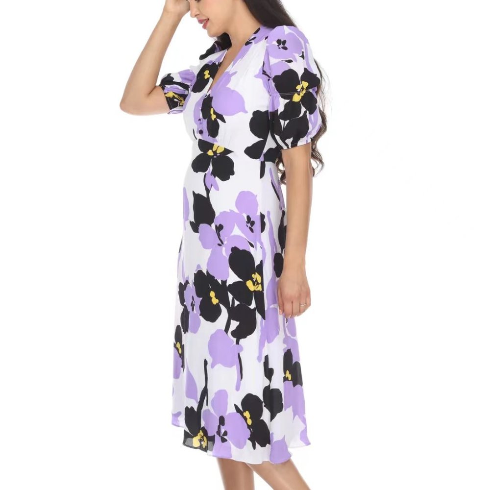 Joseph Ribkoff Vanilla/Multi Floral Print Puff Sleeve Midi Dress